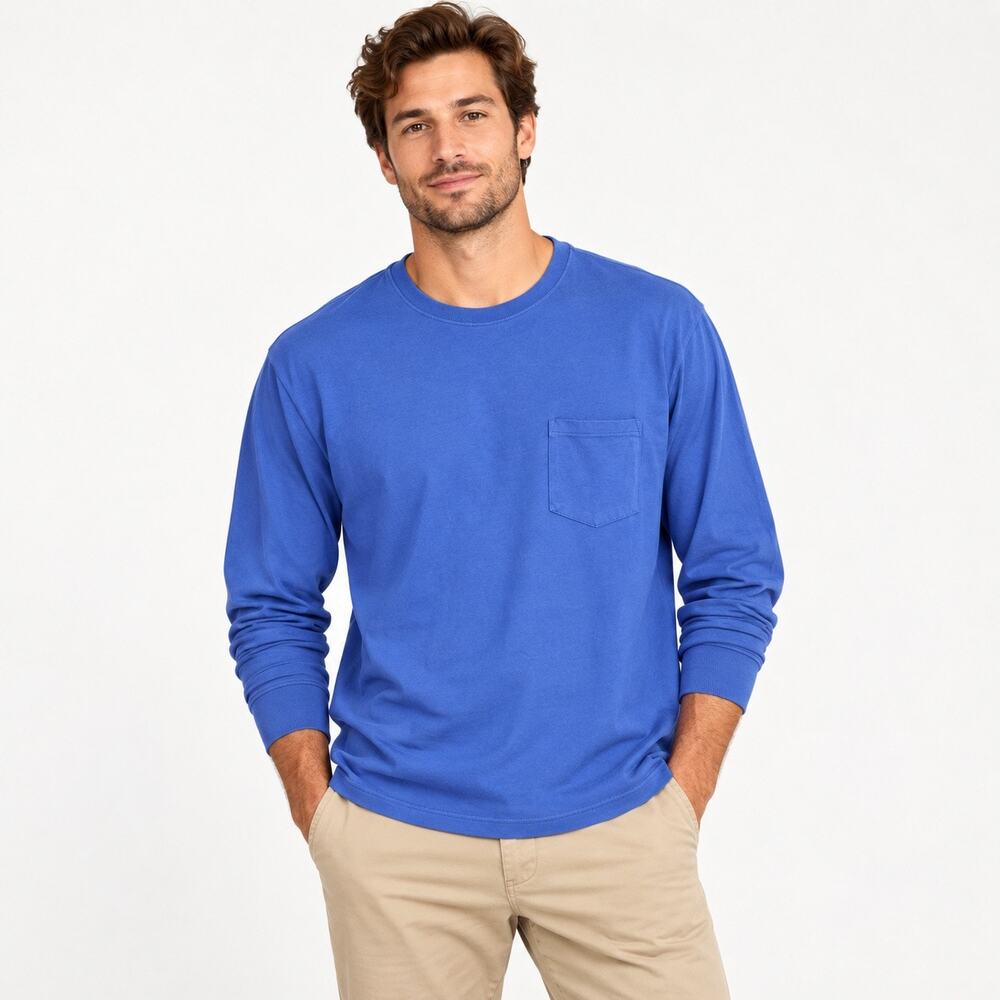 NWOT American Giant Men's Long Sleeve Cotton Pocket Tee Bright Cobalt Size XL